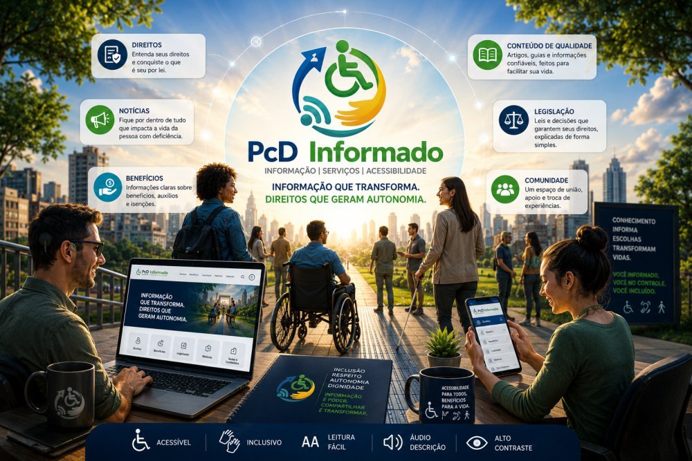 Pessoas com deficiência usando o portal PcD Informado em diferentes contextos — informação que transforma, direitos que geram autonomia.