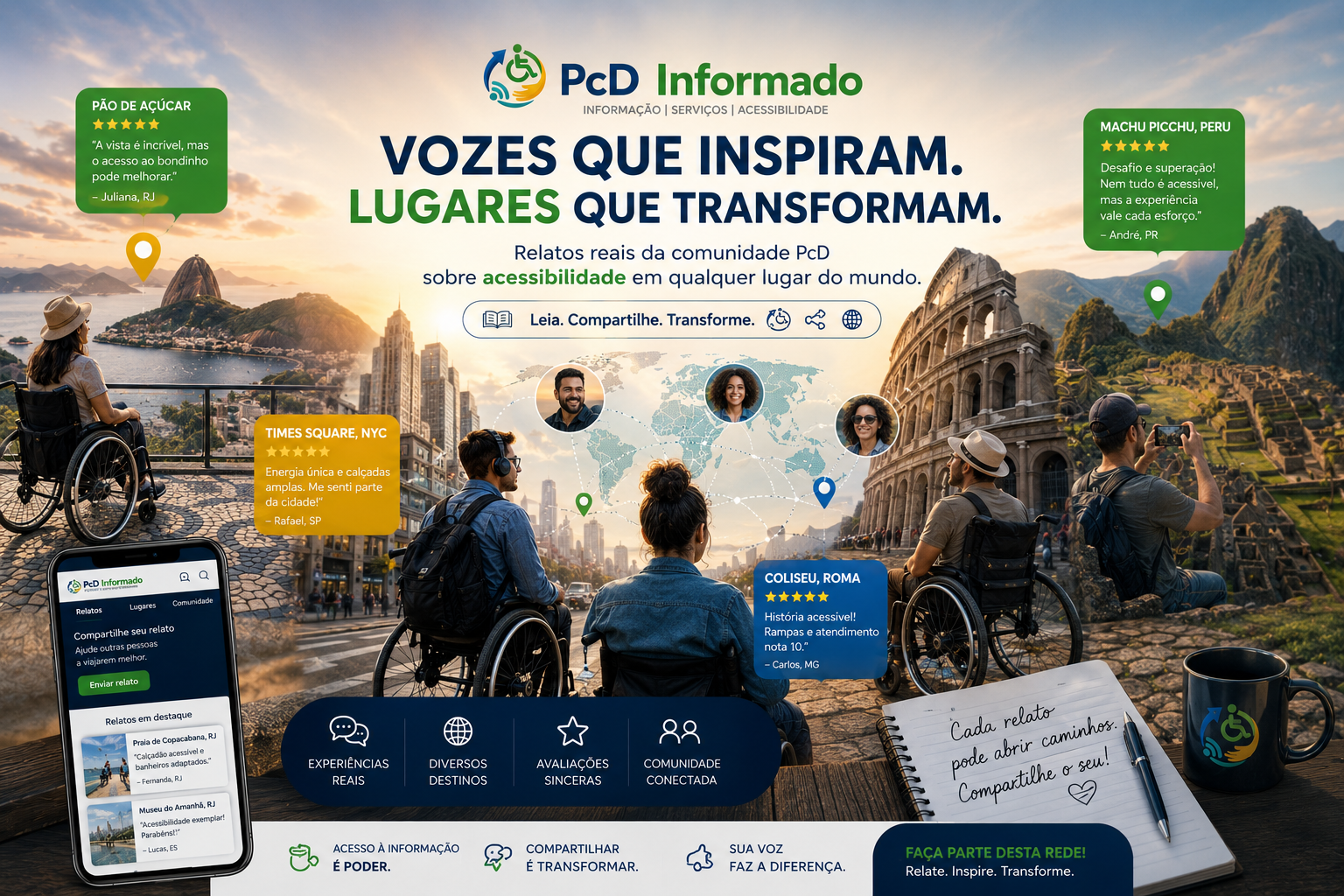 Vozes que inspiram, lugares que transformam — relatos reais da comunidade PcD sobre acessibilidade em diferentes lugares do mundo.
